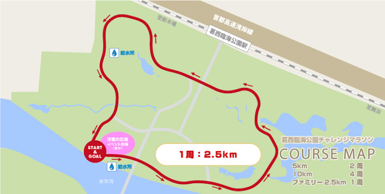 コースマップ 5kmの部、10kmの部、ファミリー2.5kmの部