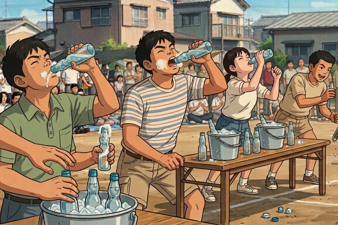 運動会会場で瓶のラムネを飲み干すラムネ飲み競争の風景