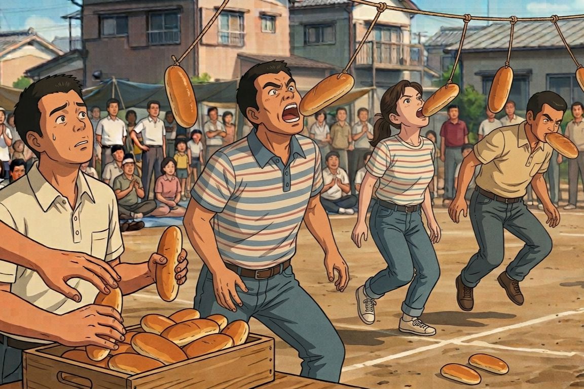 吊り下げられたパンを口でくわえようとするパン食い競争の様子