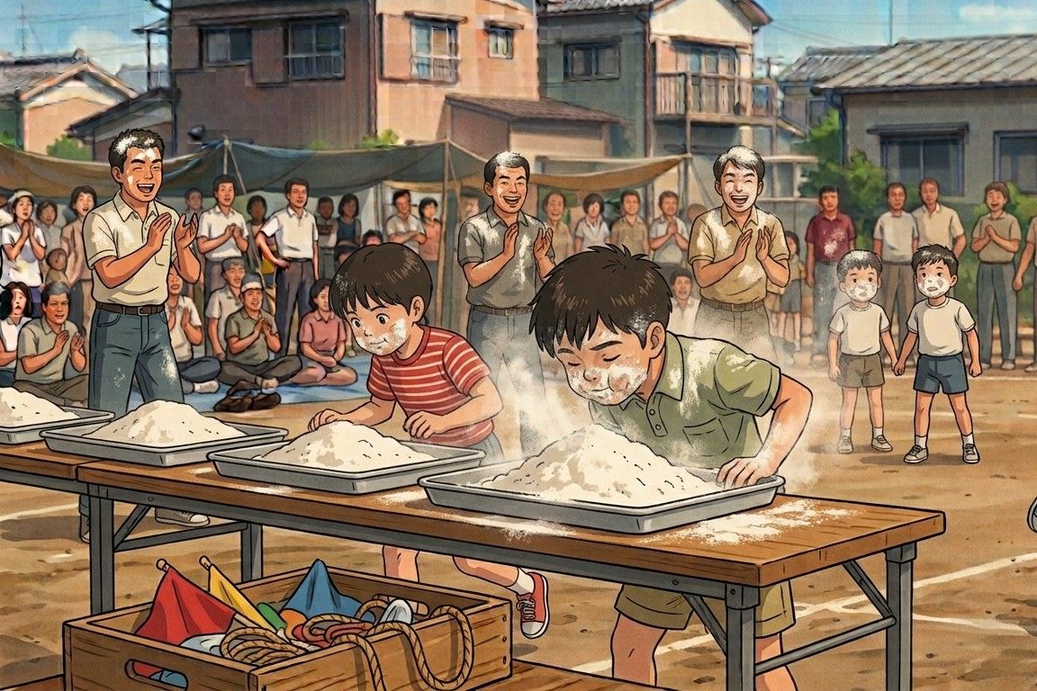粉で満たされたバットに顔を入れて飴を探す飴食い競争の様子