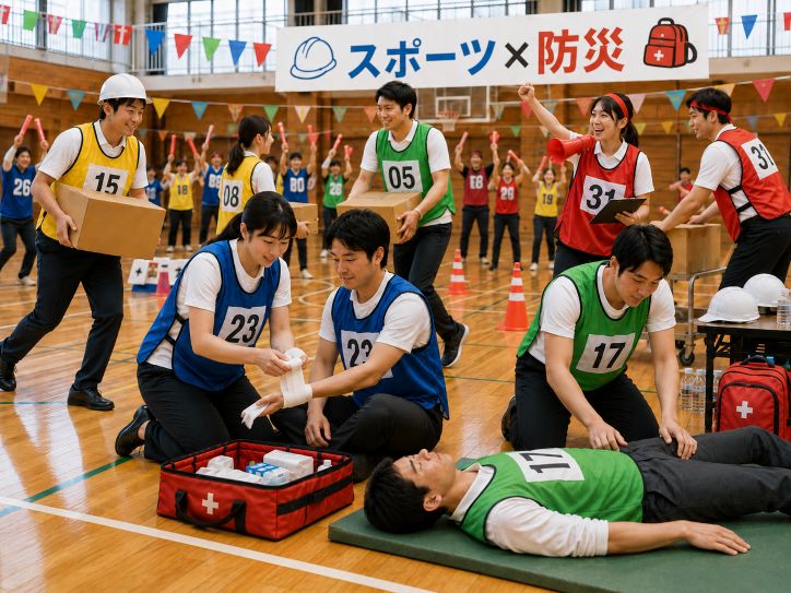 体育館や、チームカラーのゼッケンを着た会社員たちが協力して応急手当や物資搬送の防災ミッションに挑戦している様子