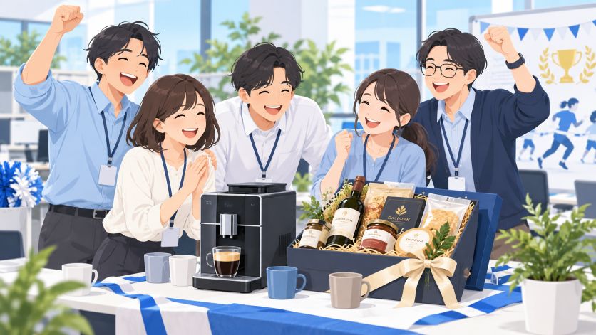 チーム優勝の景品として豪華肉セットを獲得し笑顔で喜ぶ社員たち