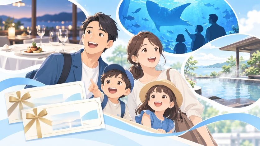 テーマパークのペアチケットやリゾート体験のイメージ