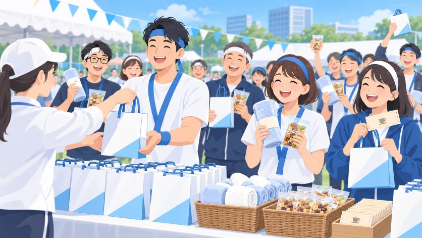 参加者全員に配られるオリジナルデザインのノベルティやカフェチケット