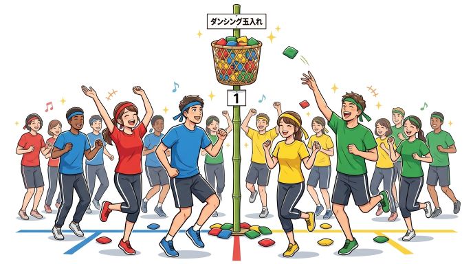 音楽に合わせて楽しそうに踊ったあと玉入れをする参加者たち