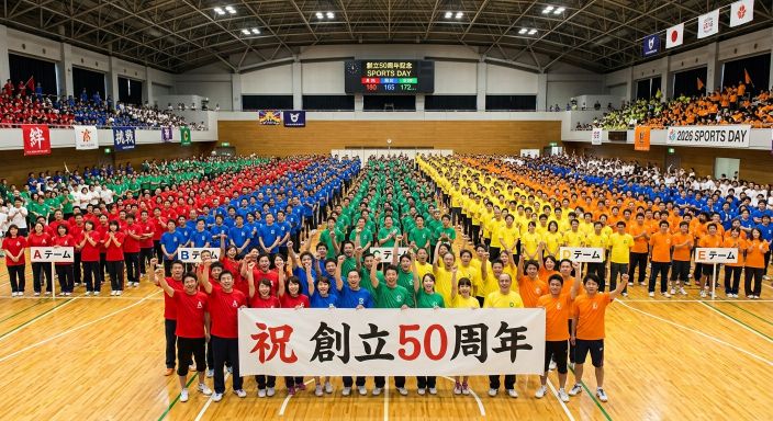 周年行事の社内運動会で笑顔で拳を掲げて喜ぶ社員たちの様子